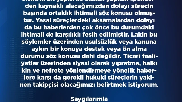 Başkan Okandan: "Bahsi geçen işletmeyle alakalı hiç bir zaman resmi bir ortaklığım olmamıştır"