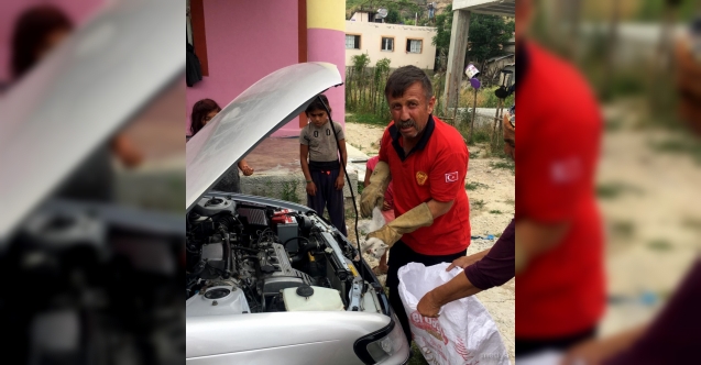 Osmaniye&#039;de otomobilin motor kısmına sıkışan kedi yavrusu kurtarıldı