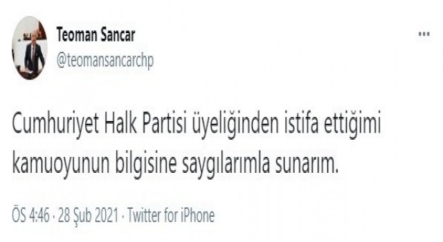 Milletvekili Teoman Sancar CHP'den istifa etti