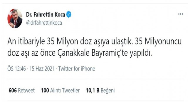 Türkiyedeki 35 milyonuncu Covid-19 aşısı Çanakkalede yapıldı