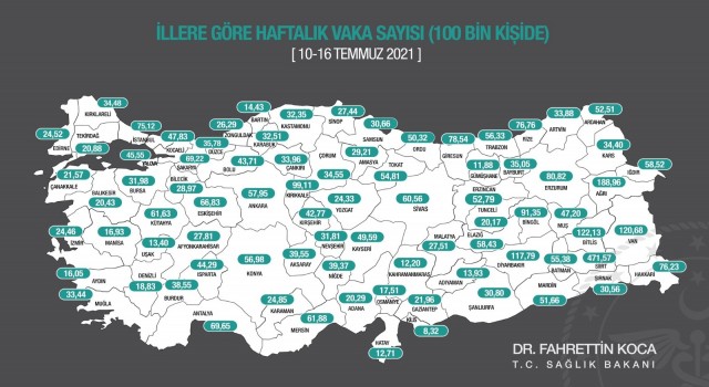 Bakan Koca, illere göre haftalık vaka sayısı haritasını paylaştı