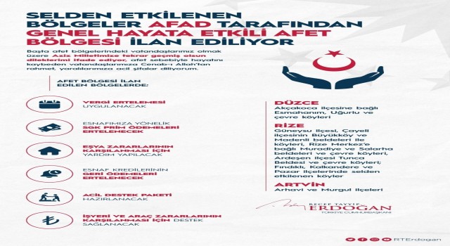 Cumhurbaşkanı Erdoğan: Selden etkilenen bölgeler, AFAD tarafından genel hayata etkili afet bölgesi ilan edildi