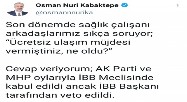 Kabaktepeden, İstanbul Büyükşehir Belediye Başkanı İmamoğlunun ‘veto kararına ilişkin açıklama