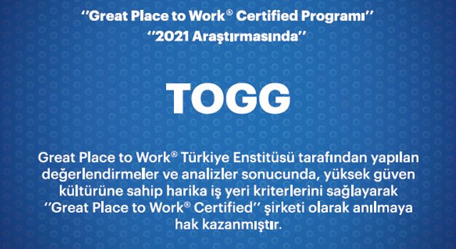 TOGG’a Great Place to Work Sertifikası