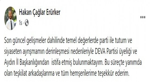 DEVA Partisi Aydın İl Başkanı istifa etti