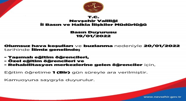 Nevşehirde taşımalı eğitime 1 gün ara verildi