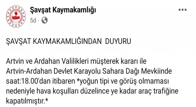 Artvin-Ardahan karayolu Sahara Geçidi yoğun tipi nedeniyle araç trafiğine kapatıldı