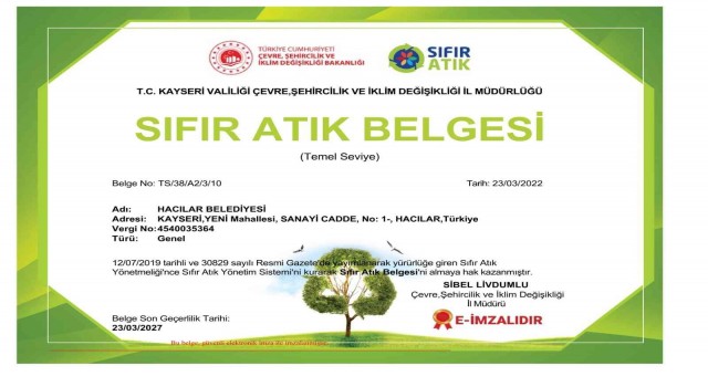 Hacılar Belediyesi sıfır atık belgesi aldı
