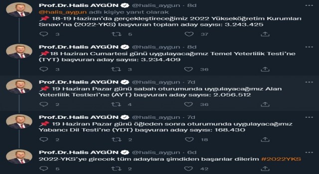 ÖSYM Başkanı Aygün: 2022 YKSye başvuran toplam aday sayısı 3 milyon 243 bin 425