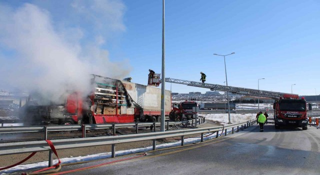 Seyir halindeki yatak yüklü tır yandı