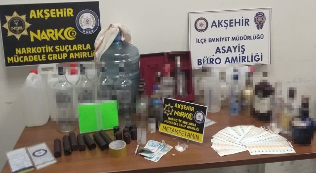 Akşehirde uyuşturucu ve sahte alkol operasyonu
