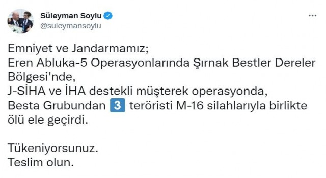 Bakan Soylu duyurdu: “Besta Grubundan 3 terörist silahlarıyla birlikte ölü ele geçirildi”