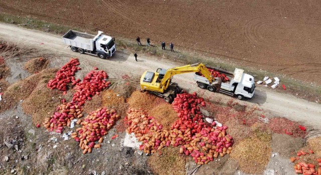 Çorumda yol kenarına dökülen tonlarca soğan havadan görüntülendi