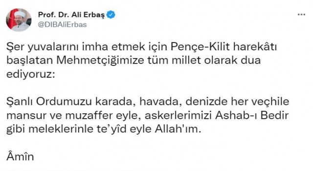 Diyanet İşleri Başkanı Erbaştan Mehmetçiğe destek mesajı