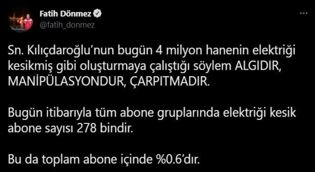 Dönmez, Kılıçdaroğlunu yalanladı: Elektriği kesik abone sayısı 278 bin