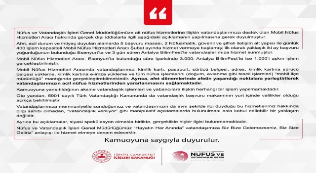 İçişleri Bakanlığından Mobil Nüfus Hizmetleri Aracı hakkında çıkan iddialara yalanlama