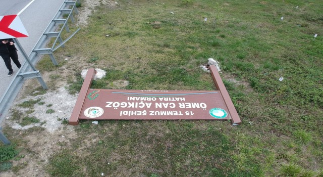 Sinop-Samsun karayolunda şehit ormanı tabelası yıkılmış durumda