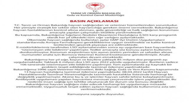 Tarım ve Orman Bakanlığı: “Uygunsuzluk tespit edilen aşıların hayvan sağlığında kullanımına asla izin verilmemektedir”