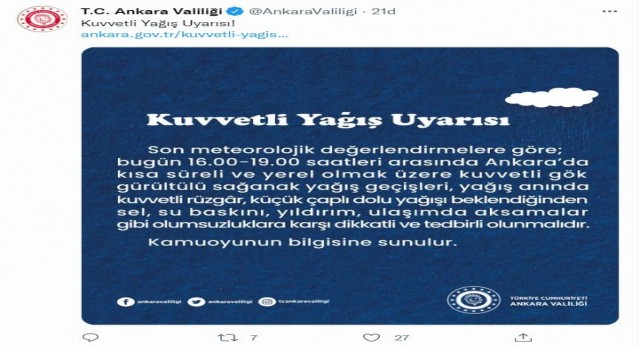 Ankara Valiliğinden kuvvetli yağış uyarısı