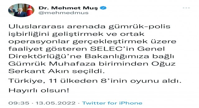 Bakan Muş: “SELECin Genel Direktörlüğüne Bakanlığımız personeli seçildi”