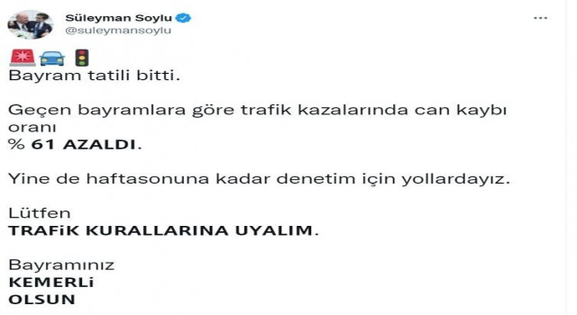 Bakan Soylu: “Geçen bayramlara göre trafik kazalarında can kaybı oranı yüzde 61 azaldı”