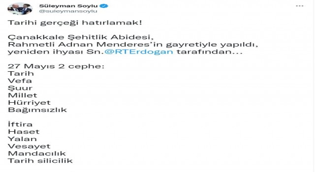 Bakan Soyludan Çanakkale Şehitlik Abidesi paylaşımı