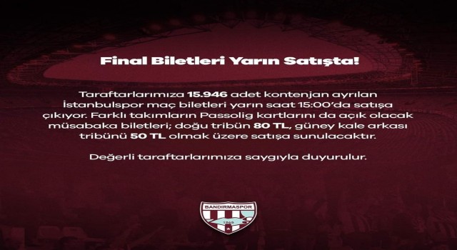 Bandırmaspor - İstanbulspor biletleri satışa sunuluyor