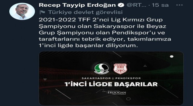 Cumhurbaşkanı Erdoğan Sakaryasporu tebrik etti