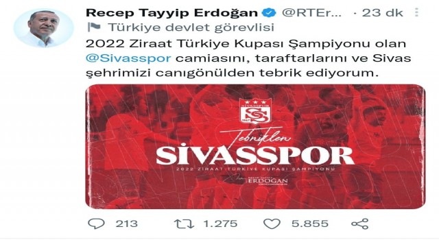 Cumhurbaşkanı Erdoğan, Sivassporu tebrik etti