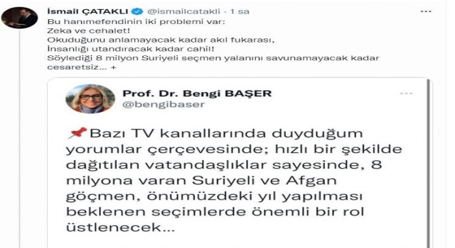 İçişleri Bakan Yardımcısı Çataklıdan Başerin iddialarına cevap: “Söylediği 8 milyon Suriyeli seçmen yalanını savunamayacak kadar cesaretsiz”