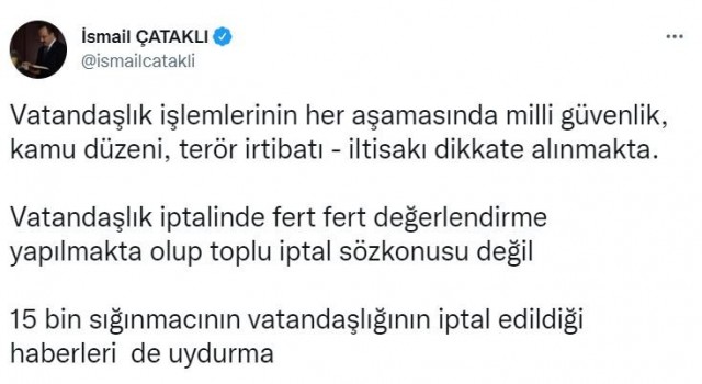 İçişleri Bakanlığı Sözcüsü Çataklı: “15 bin sığınmacının vatandaşlığının iptal edildiği haberleri uydurma”