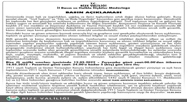 Rizede 5 günlük yasaklama kararı