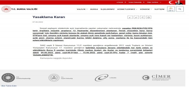 Bursa Valiliğinden yasaklama kararı