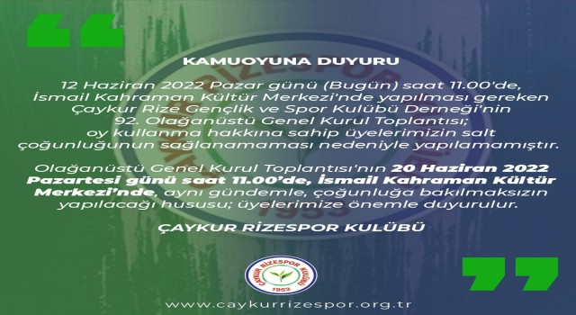 Çaykur Rizesporda Seçimli Olağan Genel Kurul ertelendi