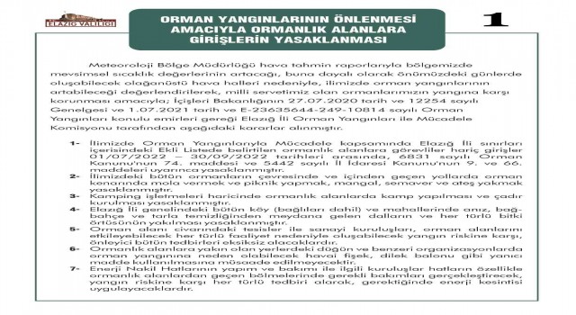 Elazığda ormanlık alanlara girişler yasaklandı