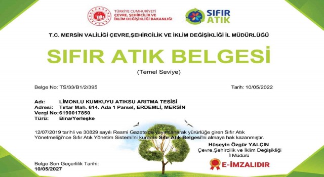 MESKİ Limonlu-Kumkuyu Atıksu Arıtma Tesisine ‘Sıfır Atık Belgesi verildi