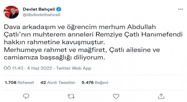 MHP lideri Bahçeliden, Remziye Çatlının vefatı dolayısıyla başsağlığı mesajı