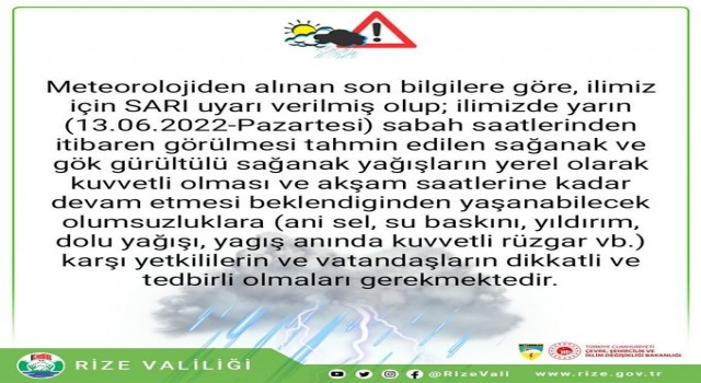 Rize Valiliğinden sel uyarısı