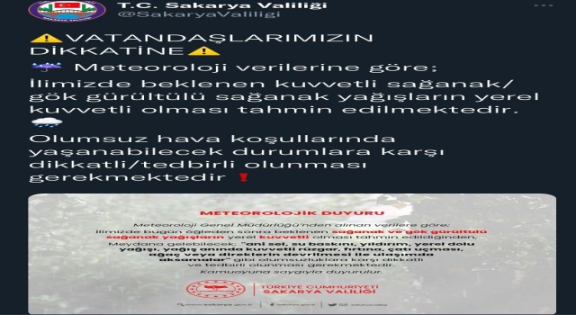 Sakarya Valiliğinden kuvvetli yağış uyarısı