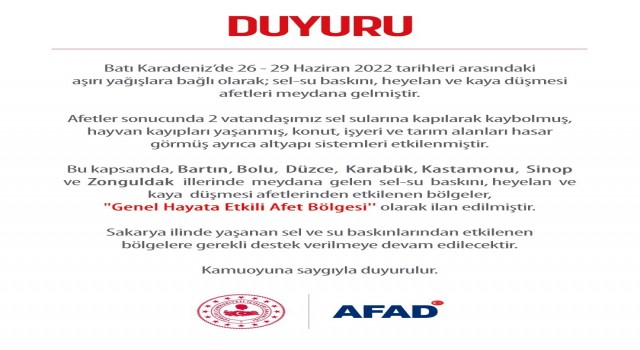 AFAD 7 ilin “Genel Hayata Etkili Afet Bölgesi” olarak ilan edildiğini duyurdu