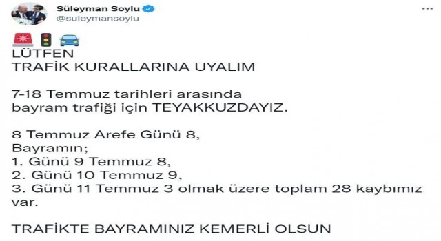 Bakan Soylu, arefe ve bayramın ilk 3 gününde trafikte 28 can kaybının yaşandığını duyurdu