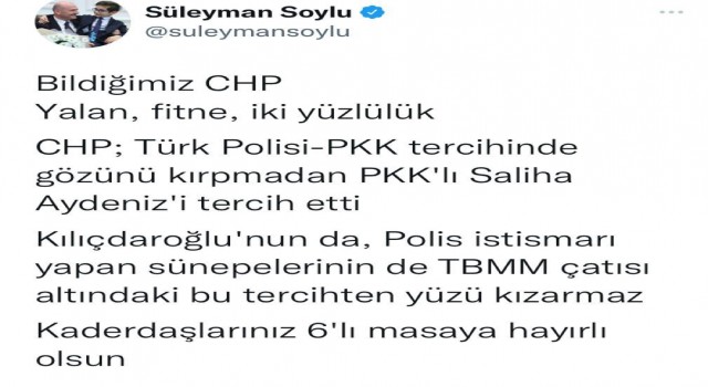 Bakan Soylu: “CHP; Türk Polisi-PKK tercihinde gözünü kırpmadan PKK'lı Saliha Aydeniz'i tercih etti”