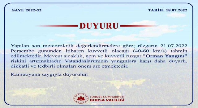 Bursa Valiliğinden orman yangını uyarısı