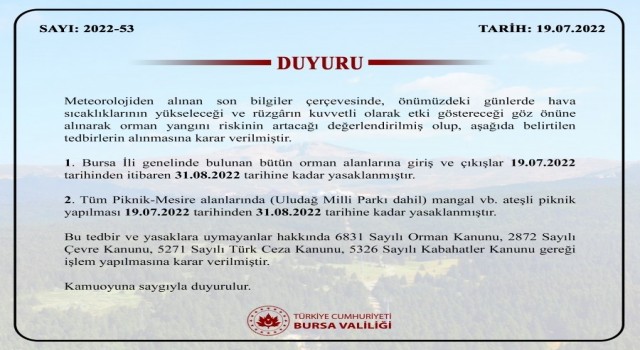 Bursada ormanlara giriş çıkışlar ve ateşli piknik yapılması yasaklandı