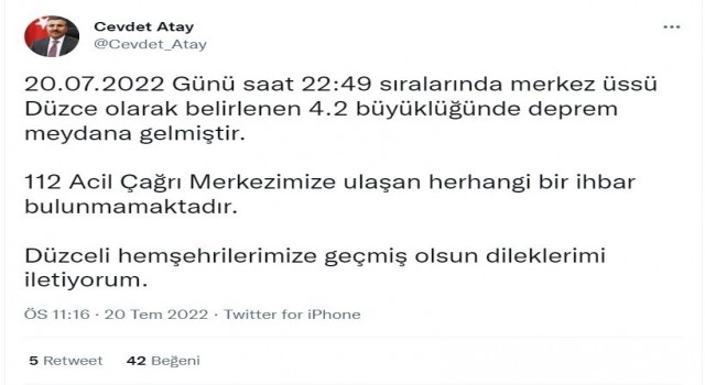 Düzce Valisi Atay: “(Depremde) Herhangi bir ihbar yok”