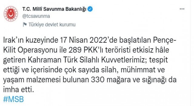 MSB duyurdu: Pençe-Kilit Operasyonunda bugüne kadar 289 terörist etkisiz hale getirildi