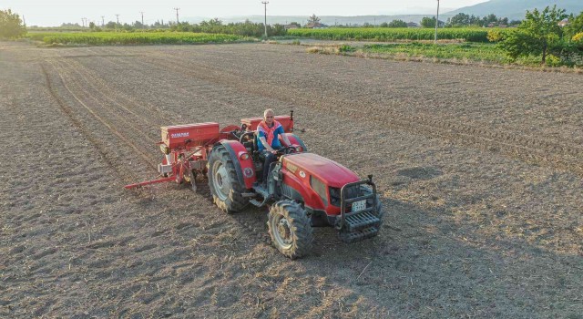 Poşuyu takıp traktörün direksiyonuna geçen Başkan, ilk tohumları toprakla buluşturdu