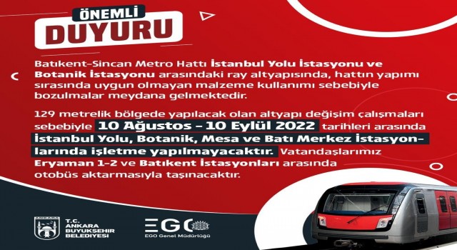 Ankara Metrosunda altyapı çalışması yarın başlıyor
