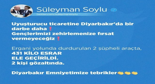 Bakan Soylu duyurdu: Diyarbakırda 431 kilogram esrar ele geçirildi
