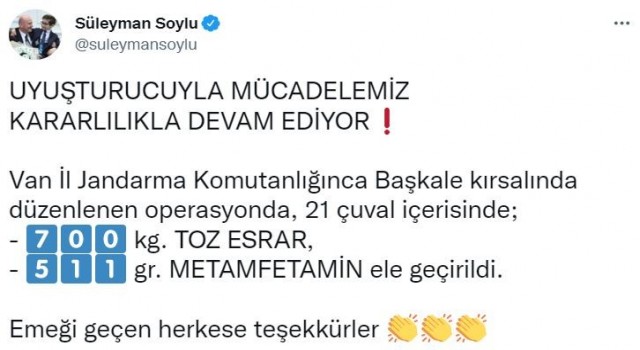 Bakan Soylu duyurdu: Vanda 700 kiloyu aşkın uyuşturucu ele geçirildi